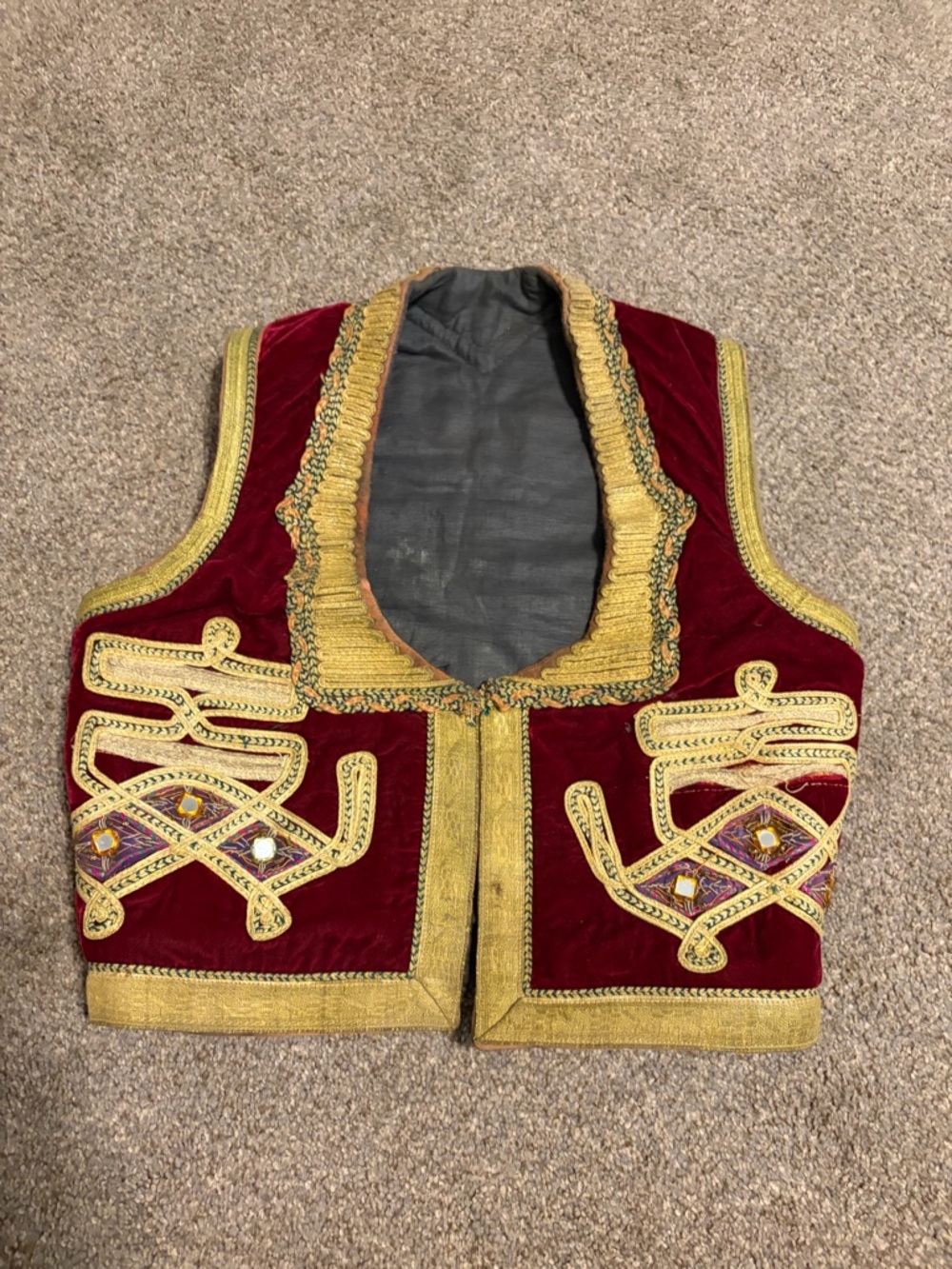 Vintage Turkish Red Velvet Embroidered Vest with Gold Trim